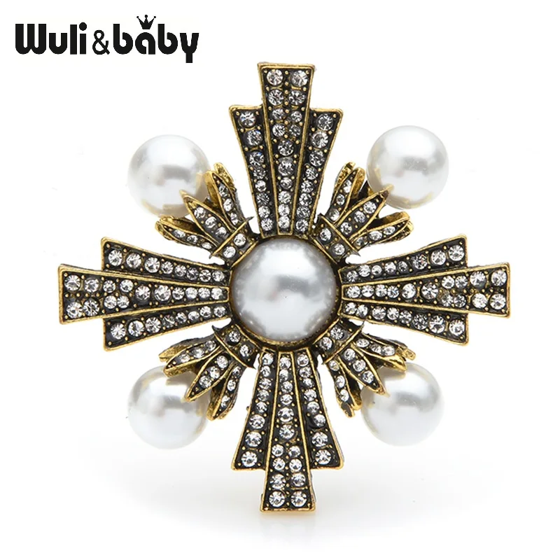 

Wuli&baby Vintage Pearl Cross Brooches Women Retro Gold Rhinestone Cross Baroque Style Weddings Banquet Brooch Pins Gifts