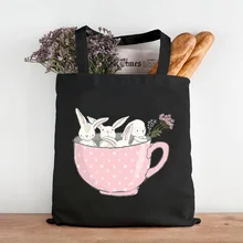 Cute Cartoon Rabbit Black Shopping Bag Large Capacity Handbags Female Vintage Aesthetic Canvas Tote Bags Student Handbag