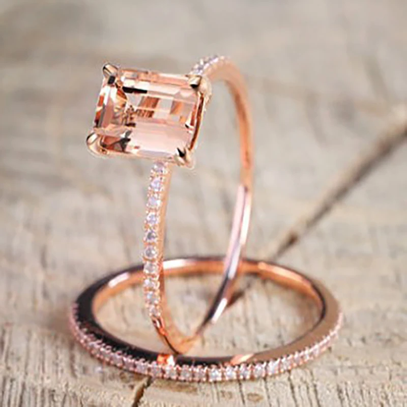 

2Pcs Ring/Set Rose Gold Filled White Crystal Square Zircon For Women Big Gift For Ladies Love Rings Jewelry Size 6-10