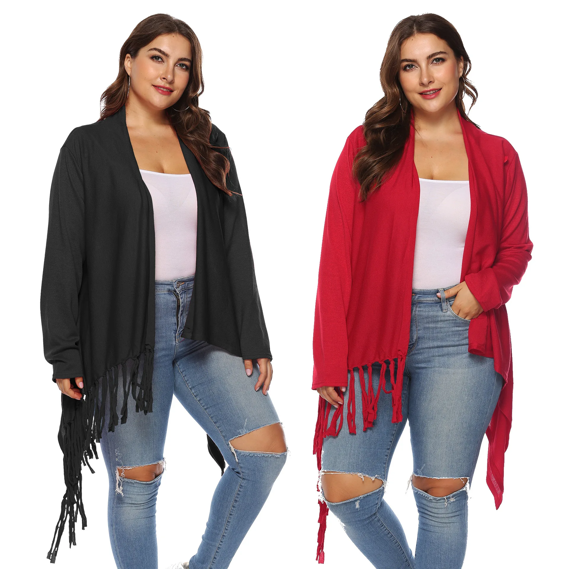 

Hot Selling Large Size Dress Fat Irregular Tassels One-Button Cardigan Medium-length Coat A10002
