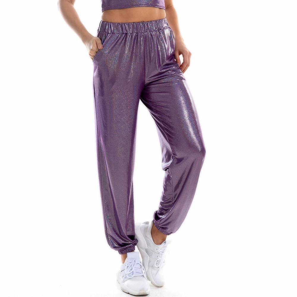 Shiny Metallic High Waist Stretchy Jogger Pants,Hip Hop Club Wear Loose Trousers Sweatpant Jchen Women Sport Yoga Pants 