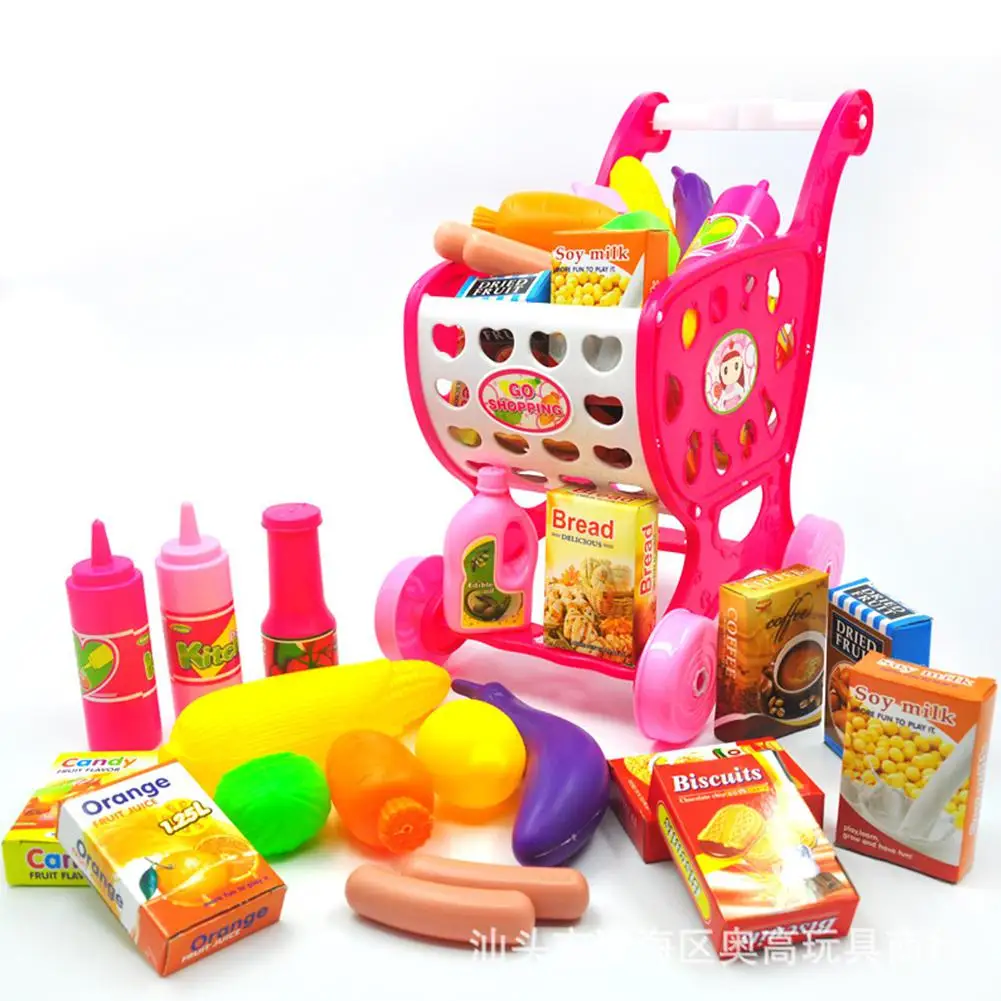 Детский мини-симулятор супермаркет тележка костюм фрукты овощи бутылки для специй закуски игровой дом игрушки Рождественский подарок - Цвет: Pink