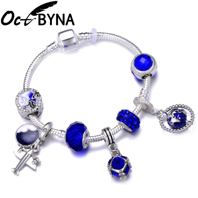 Octbyna Синий Кристалл Бусины Diy браслет для женщин эмаль Глобус пропеллер самолет