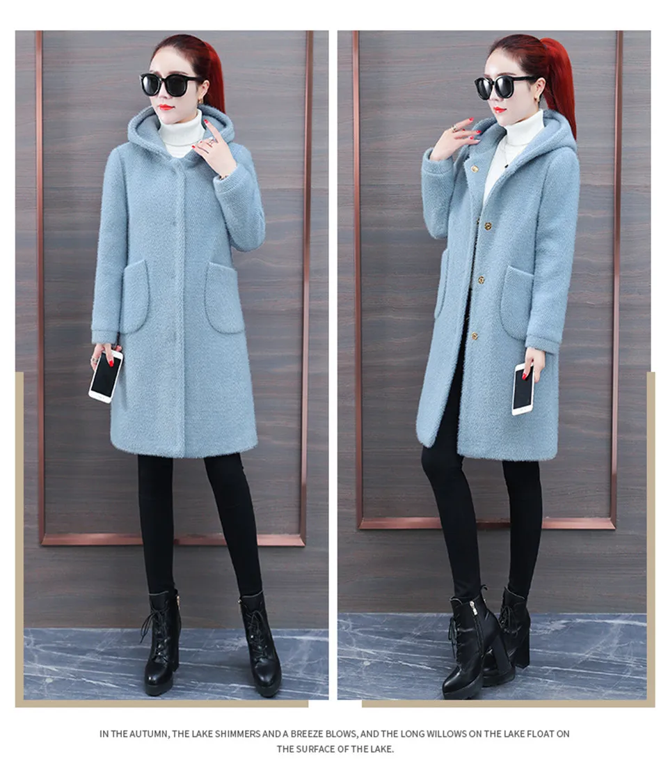 Single-breasted Solid Streetwear All Match Windbreake Female Warm Women Winter Jacket Woolen Coat Wool Coat Hooded New