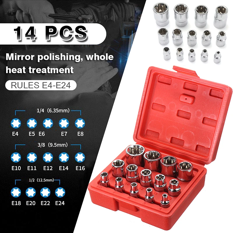 

14pcs/set Car Auto E Torx Socket Set Female Start Bit External Hex Torque 1/4 3/8 1/2 Inch E4-E24 Tool With Case