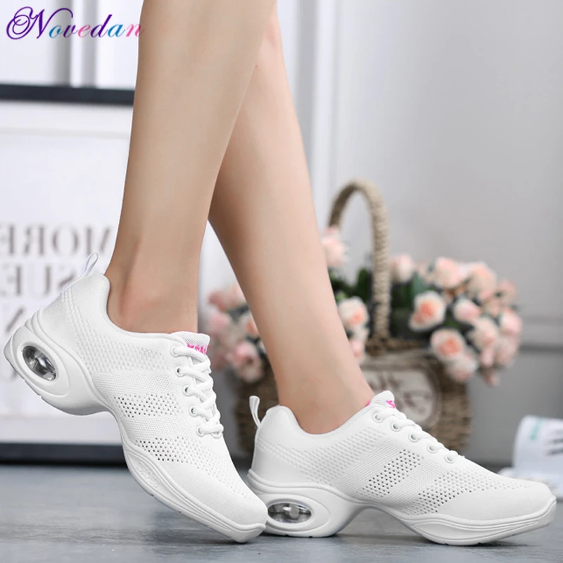 Women's Breathable Air Mesh Square Dance Shoes Jazz Shoes Girls Red White Black Air Cushion Soft Bottom Dance Sneakers 6
