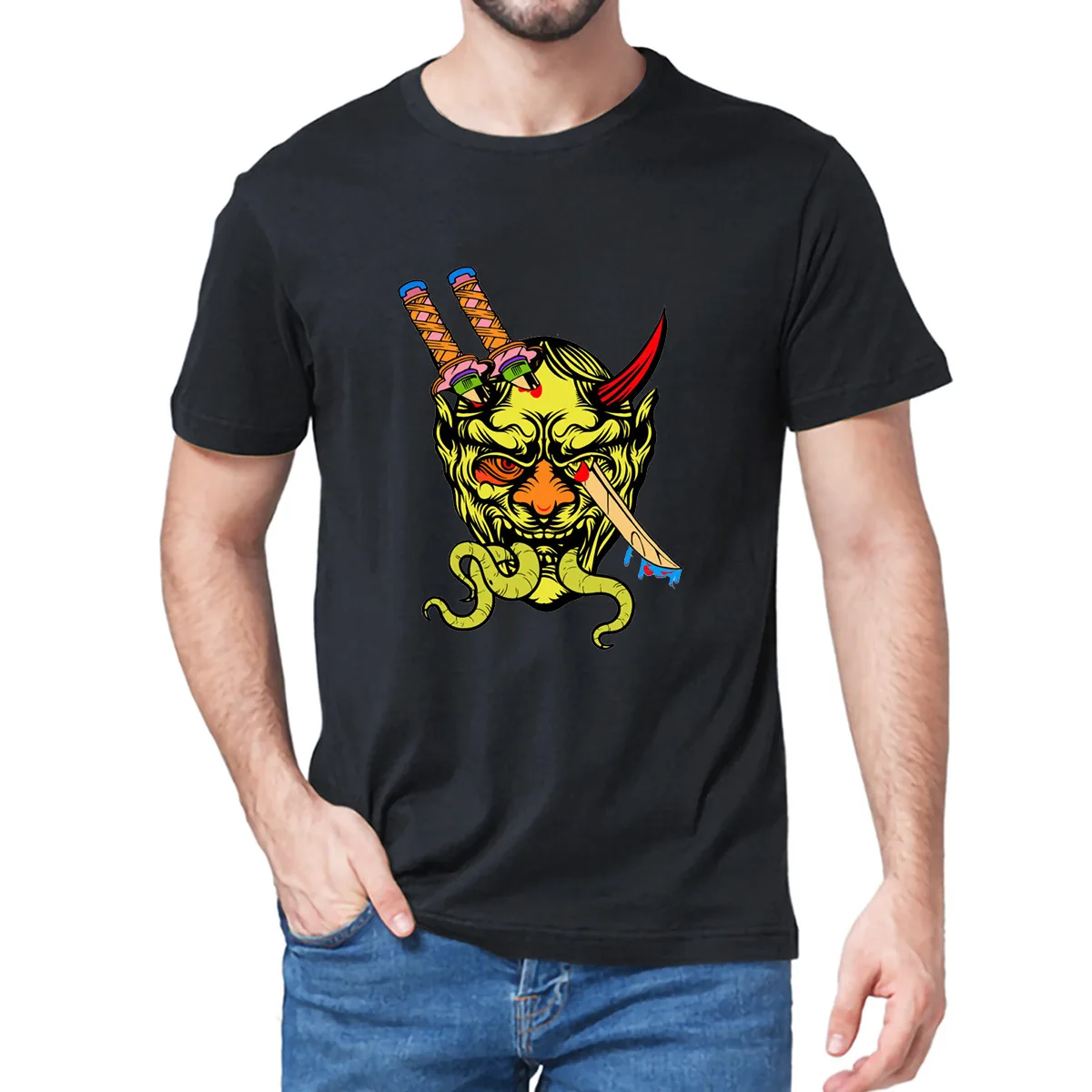 Unisex 100% Cotton T-Shirt Samurai Sword Slaying Evil Demons Devil Face Japanese Streetwear Classic MEN | Спорт и развлечения