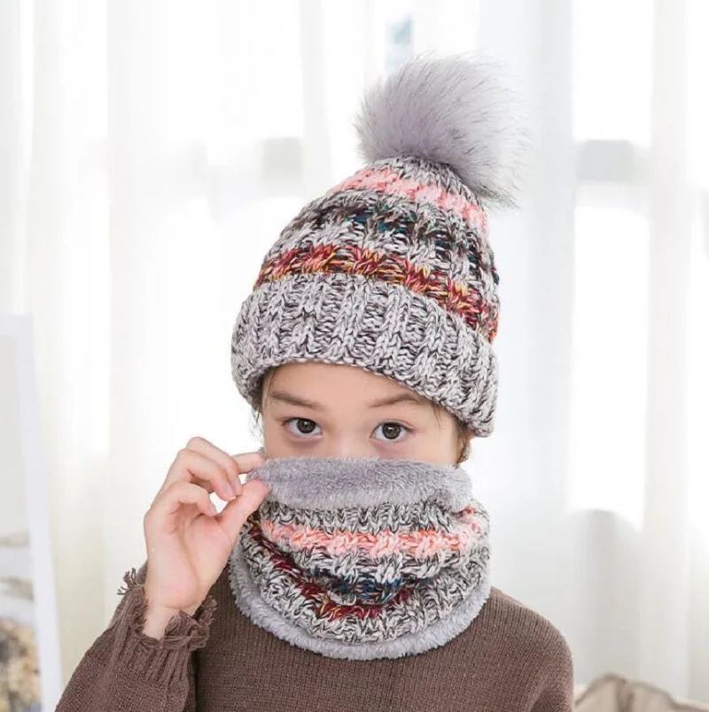 Детский комплект из 2 предметов, вязаная шапка, шарф, Skullies Beanies, зимние теплые трикотажные шапки с бархатом внутри, полосатые шляпы для детей