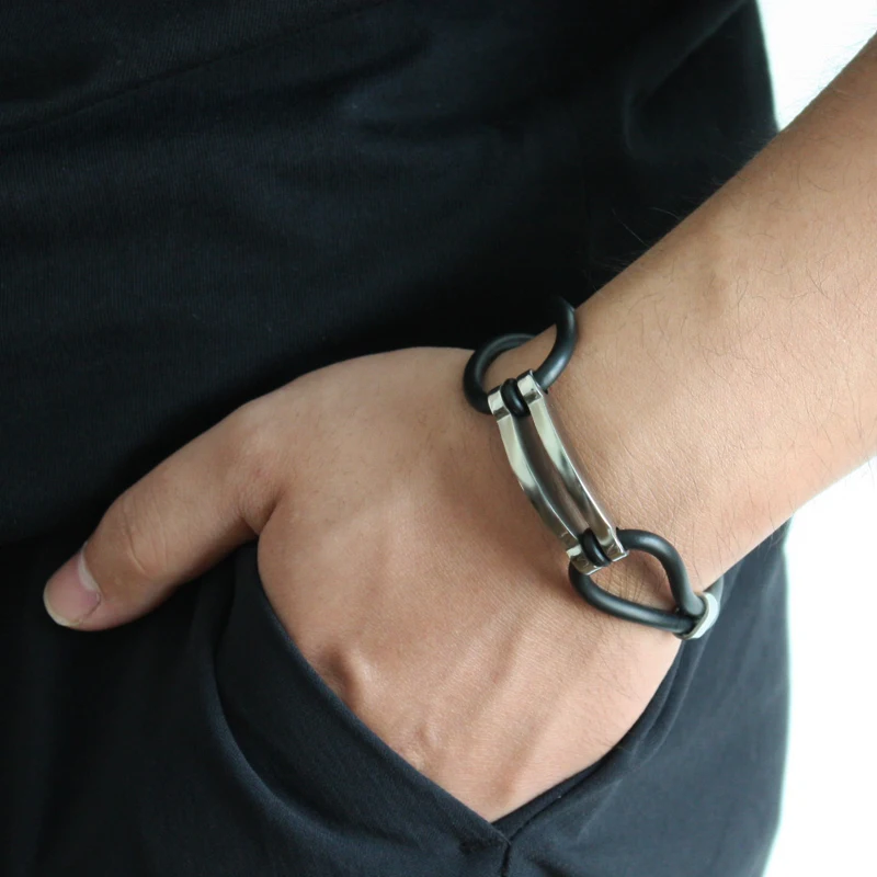 

2019 New Bracelet Men Fashion Cuff Silicone Bracelet Stainless Steel Geometric Charm Bracelet for Men Jewelry Gift