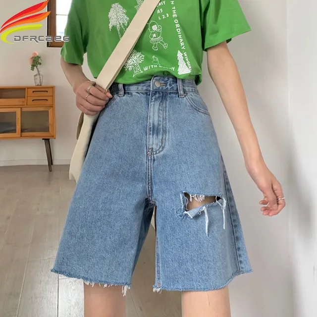 Streetwear High Waist Denim Bermuda Shorts For Women Summer 2020 New Korean  Style Hole Fashion Wide Leg Loose Jean Shorts - Shorts - AliExpress
