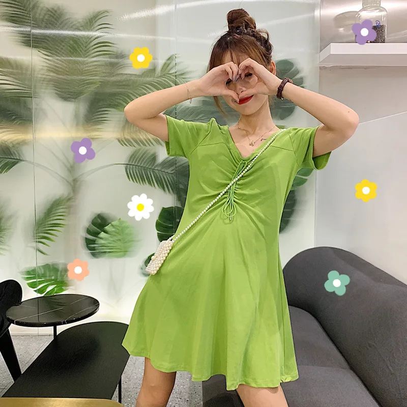 

Official Figure Drawstring V-neck Dress Women's 2019 Summer Korean-style New Style Wisdom Smoked French Popular Platycodon Grand