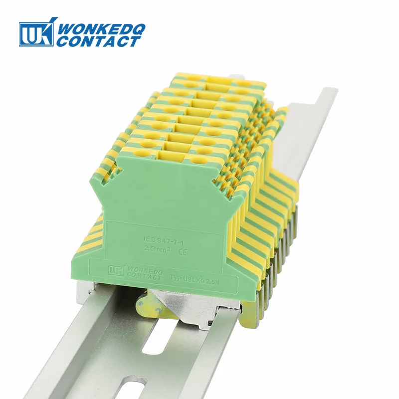 USLKG2.5 Screw Ground DIN Rail Terminal Block Earth Protective Modular UK 2.5mm Wire Electrical Connector USLKG-2.5N 10Pcs