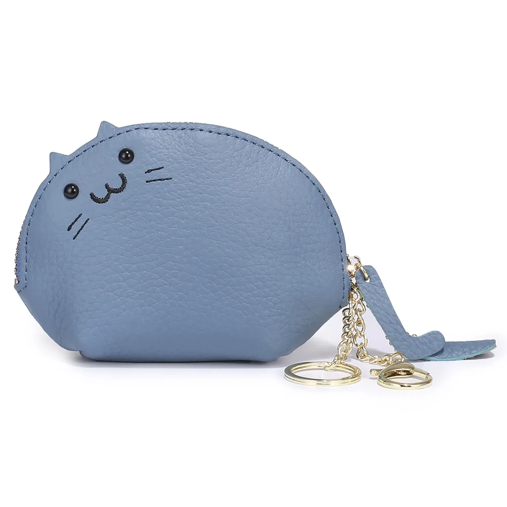 Denim Blue Женские маленькие кошельки из натуральной кожи, мини милый кошелек с кошкой, детский органайзер для монет, Дамский кошелек для монет с брелоком - Цвет: Denim Blue