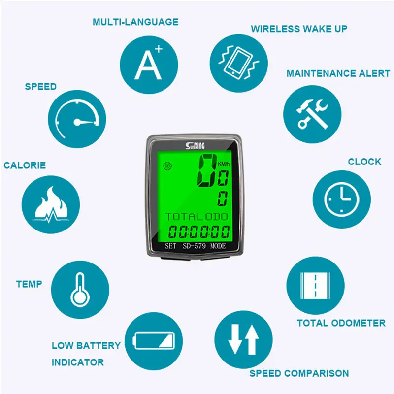 SD-579 велосипедный спидометр и одометр Проводной Водонепроницаемый велосипедный Велосипедный компьютер с ЖК-дисплеем и многофункциональным бисиклетом 7