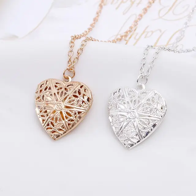 Collar de cadena de amor con corazón de melocotón dulce para mujer, Collar con colgante de caja de fotos en forma de corazón con apertura y cierre grabado hueco 2