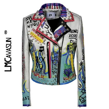 

LMCAVASUN Women Spring Loose Graffiti Harajuku Faux Leather Jacket Female Fall Streetwear Motorcycle Biker Punk PU Short Coat