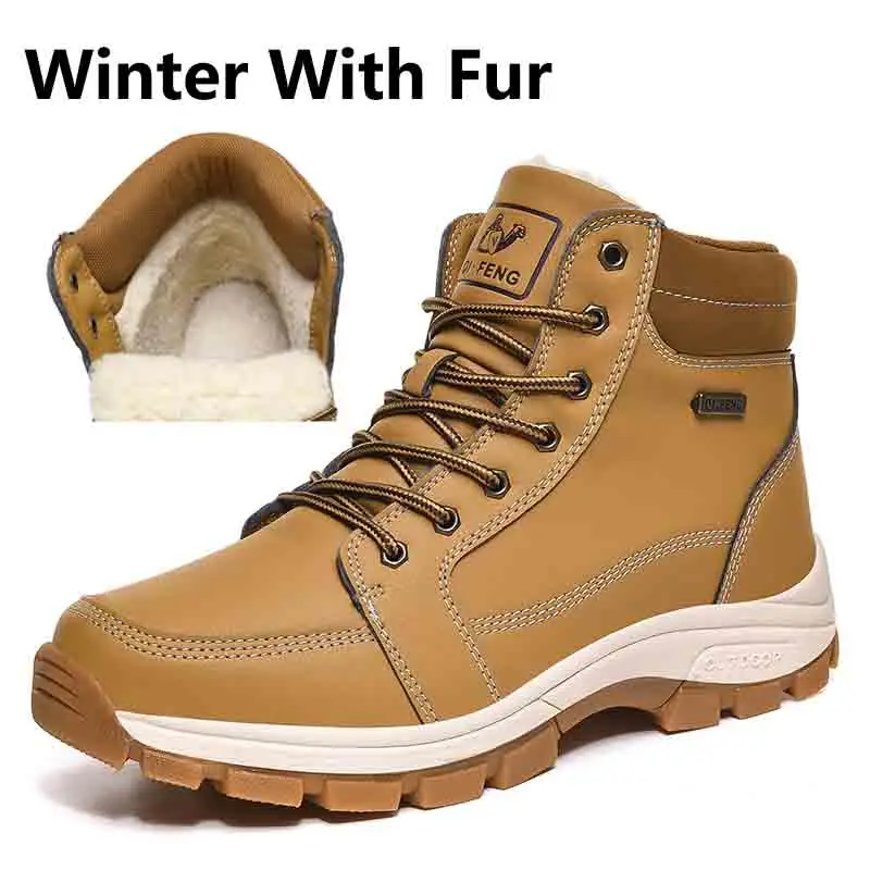 Yellow Fur Зимние ботинки с мехом Мужская обувь уличные кроссовки Нескользящие резиновые рабочие ботинки мужская обувь повседневная обувь на плоской подошве размера плюс 48 - Цвет: Yellow Fur