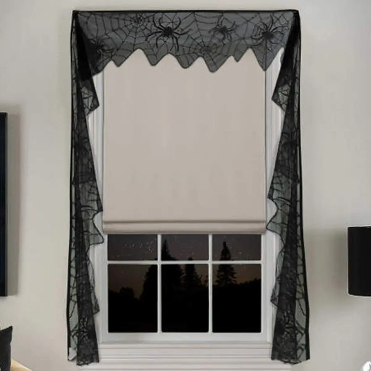 

Enipate Halloween Gothic Black Lace Bat Curtain Valance Halloween Haunted House Spiderweb Cloth Scary Decoration 11x240