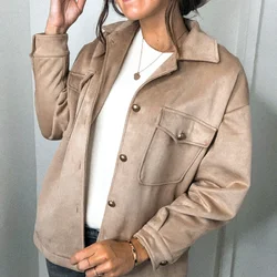 Jaqueta de Inverno das mulheres de Rua Moda Outono Camurça Veludo de Manga Comprida Botão Bolso Duplo Solto Top Mulheres куртка женская