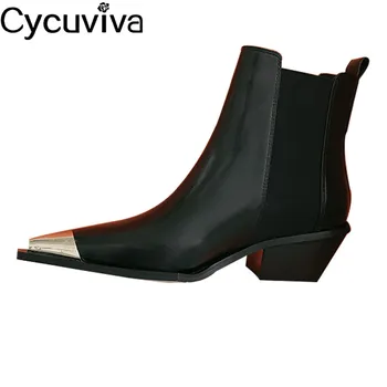 

Chic Metal Pointy Toe Ankle Boots High Quality Leather party shoes woman Comfy Chunky Sole Knight Boots women Runway botas mujer