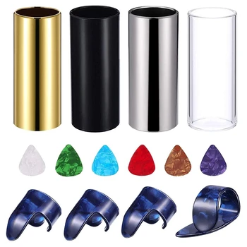 

4 Pcs Medium Guitar Slides(Include 3 Colors Stainless Steel 1 Pieces Glass) 6 Pieces Guitar Picks and 4 Pieces Plastic Thumb & F