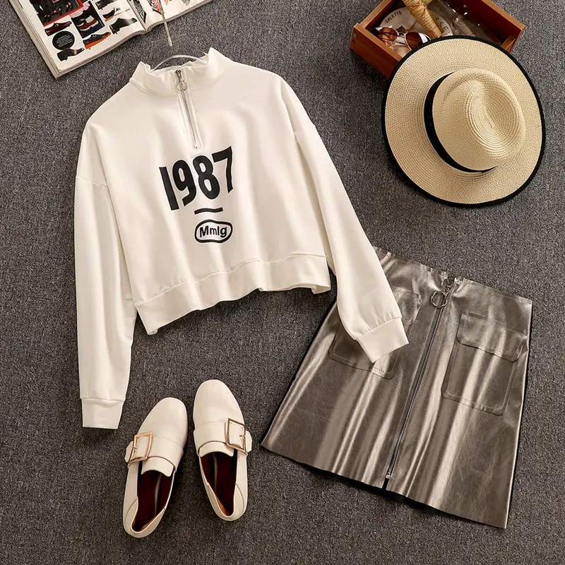 2020 Spring Women Long Sleeves Casual Short Style Tops + PU Zipper Skirt 2 pcs sets Female Fashion Suits A1788 |