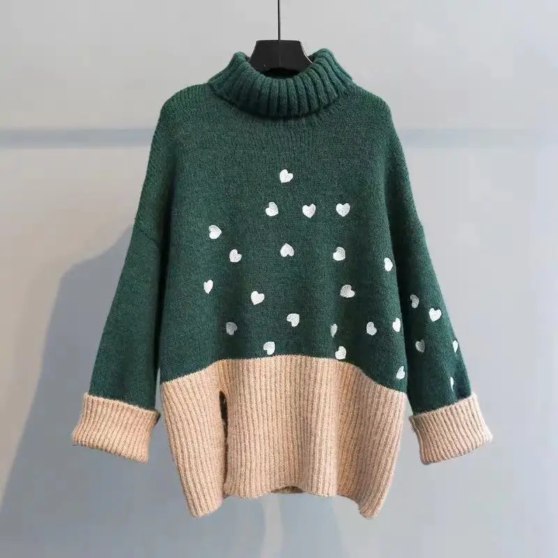 H. SA, Зимний пуловер с высоким воротом и свитера для женщин, с разрезом по бокам, в стиле пэчворк, с сердечком, свободные Джемперы, трикотаж, Повседневный свитер