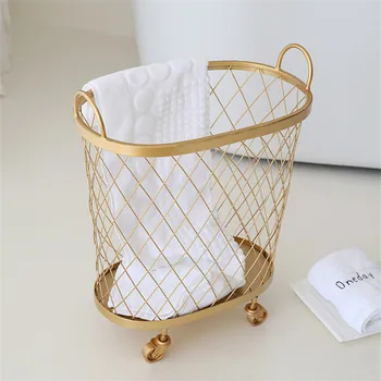

Modern Golden Fashion Metal Gold Color Dirty Clothes Storage Handle Wheel Laundry Basket Home Creative Organizer With Wheel