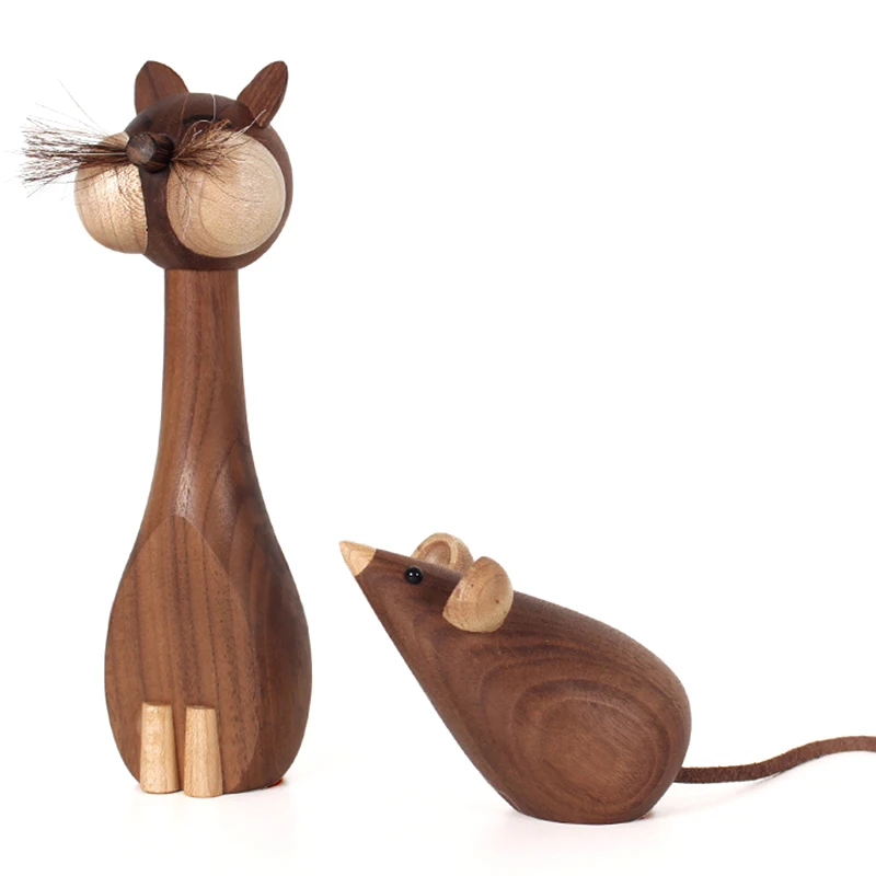 

Creative Wooden Cat and Mouse Figurines Dolls New Lovely Wood Animal Figures Walnut Ornaments for Modern Luxury Home Decoration