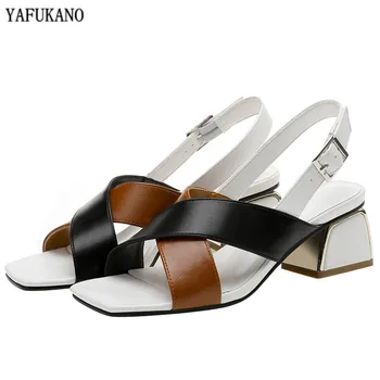 

Plus Size 32-43 Mixed Colors Genuine Leather Rome Women Sandals Brand Square Toe High Heels Square Heel Buckle Strap Party Shoes