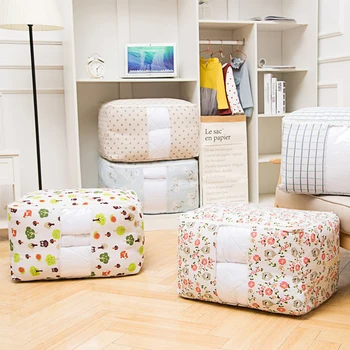 

Large Folding Quilt Storage Bag Blanket Clothes Printed Storage Box Cotton Bag With Clear Window Closet Cabinet Organizer