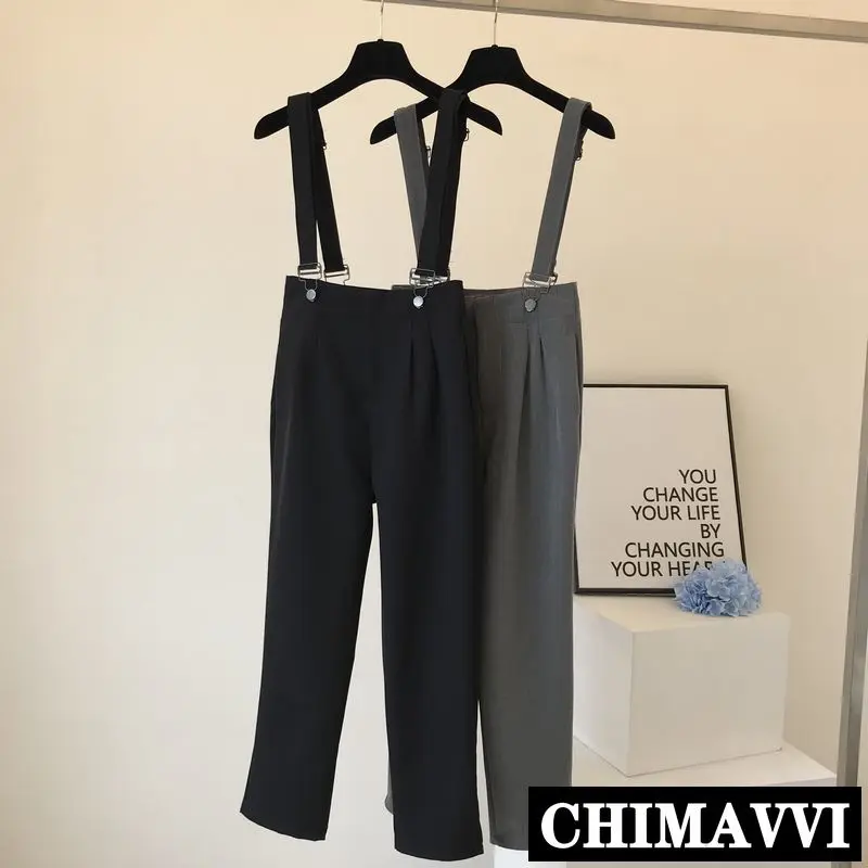 

2019 New Autumn Solid Color Lady's Overalls Suit Pants Women High Waist Slim Straight Trousers Suspender Pants