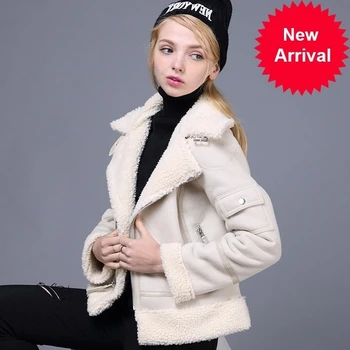 

Shearling 2020 Faux Sheepskin Coat Women Leather Thick Suede Jacket Women Autumn Winter Lambs Wool Short Motorcycle Coats