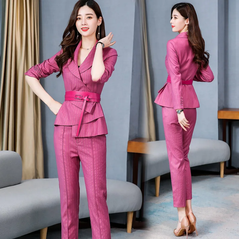 

2020 Spring New Style Commuting Irregular Waist Hugging Stripes Small Suit Coat Slimming Skinny Pants Fashion WOMEN'S Suit