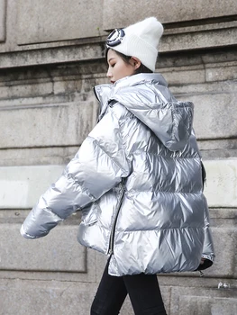 

2020 New Winter Short Section Hooded Solid Color Silver Shiny Loose Warm Cotton Woman Jacket Casual Fashion Ladies Parka Coat