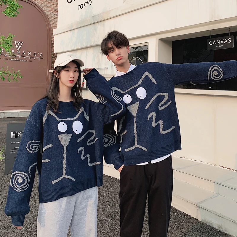 2019 Joker Sweater Male Ins Personality Knitting Unlined Upper Garment Easy Cartoon Lovers Thin Round Neck Chinese Style Blue 2019 Joker Sweater Male Ins Personality Knitting Unlined Upper Garment Easy Cartoon Lovers Thin Round Neck Chinese Style Blue