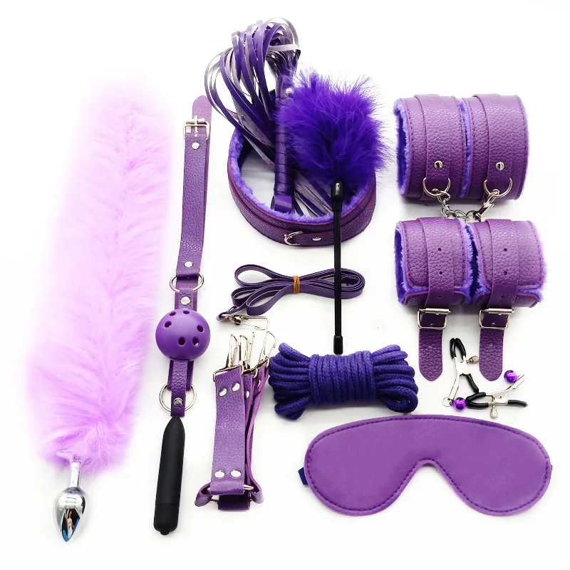Sexy Leather Bdsm Kits Plush Sex Bondage Gear Handcuffs Sex Games Whip Gag Adult Toys Exotic