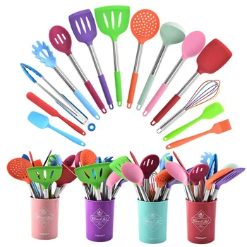 

15Pcs Colorful Non-stick Pan Silicone Kitchen Cooking Utensils Set Spatula Soup Spoon Kitchenware Kit With Storage Box Bucket