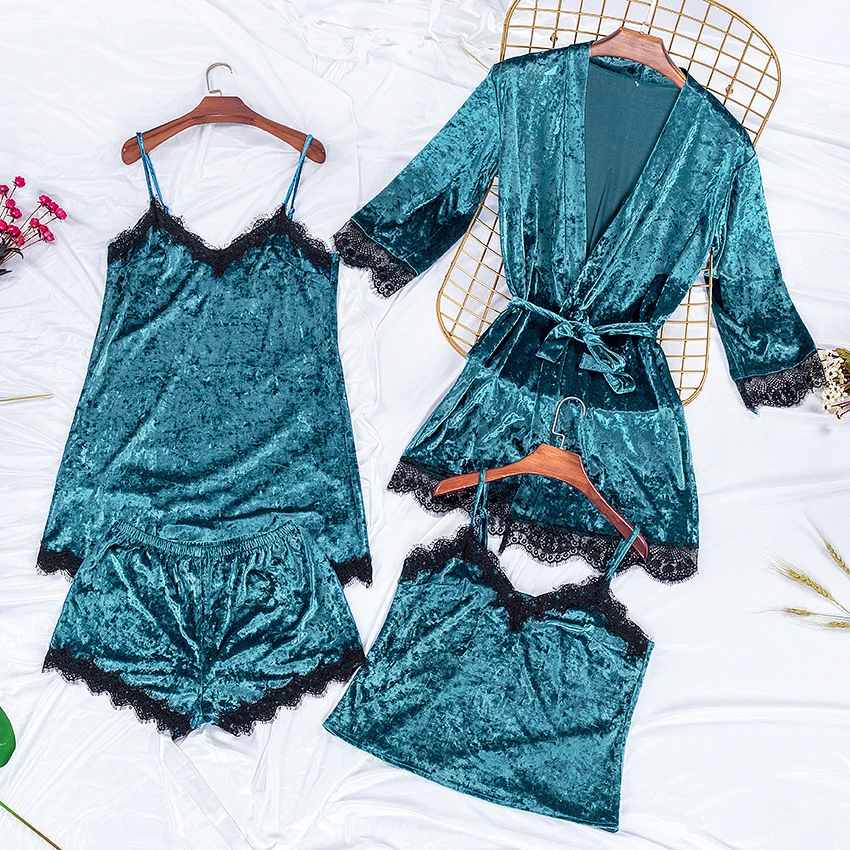 

Suphis 2020 Blue Velvet Robe Gown Sets 4 Pieces Pajamas Sets Sexy Lace NightDress Women Sleepwear Nightwear Winter Home Clothes