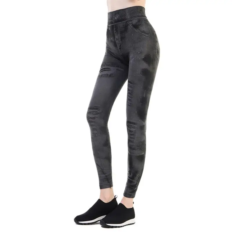 Модные Классические Эластичные Обтягивающие Леггинсы для женщин, сексуальные имитация джинсов Облегающие лосины, обтягивающие брюки, большие размеры