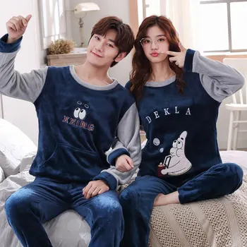 

Couples Casual Striped Thick Warm Flannel Long Sleeve Pajamas Sets Women Winter Cute Cartoon Coral Velvet Sleepwear Men Homewear