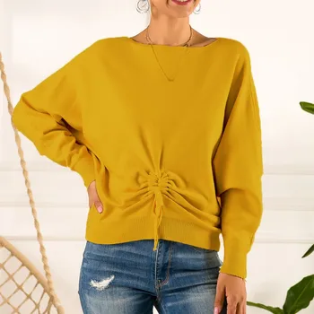 

Autumm Winter Drawstring O Neck Sweater Women Ruched Knitted Pullover Women Sweaters And Pullovers Knit Jumper Ladies Sweater