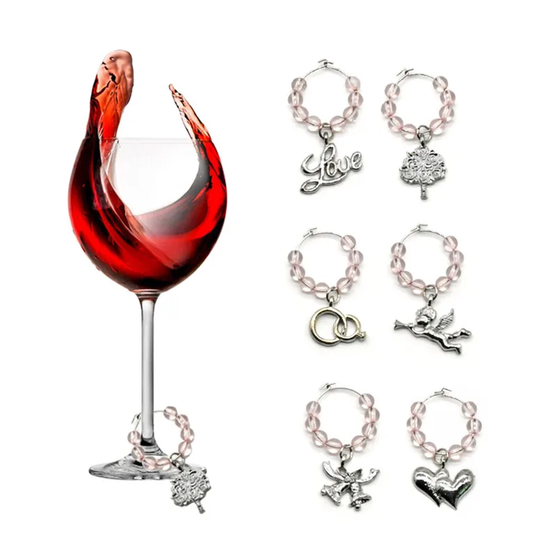 

6Pcs Red wine glass decoration Cup Heart Ring Table Decorations Metal Pink Beaded Wedding Bride To Be Glass Charm Drink Markers