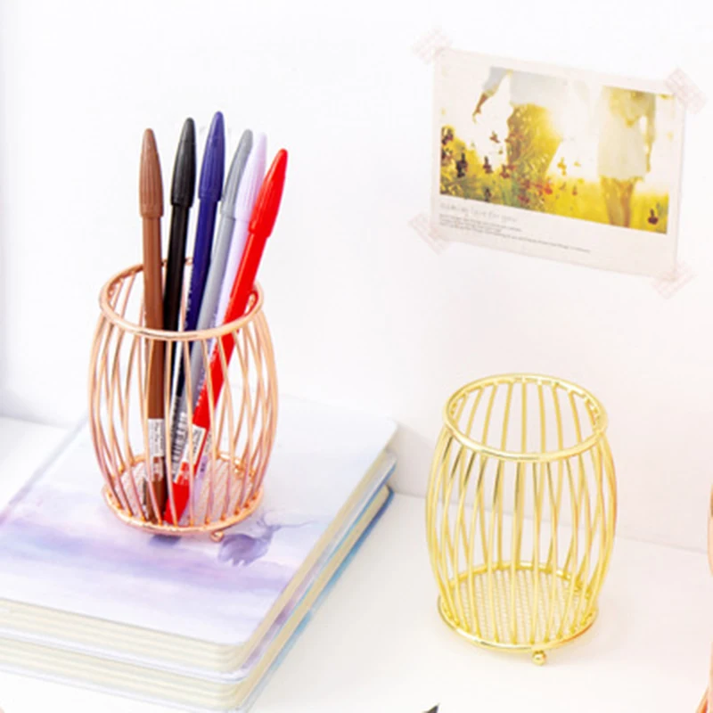 

Makeup Brush Holders Rose Gold/Gold Wire Metal Pencil Holder Cup Pen Pot Drum Shape for Home Office makeup tools