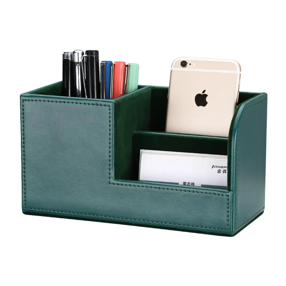 

New Dark Green Pen Holder PU Leather Desk Organizer Storage Box Small Pencil Box Case Business Card Holder Phone Stand