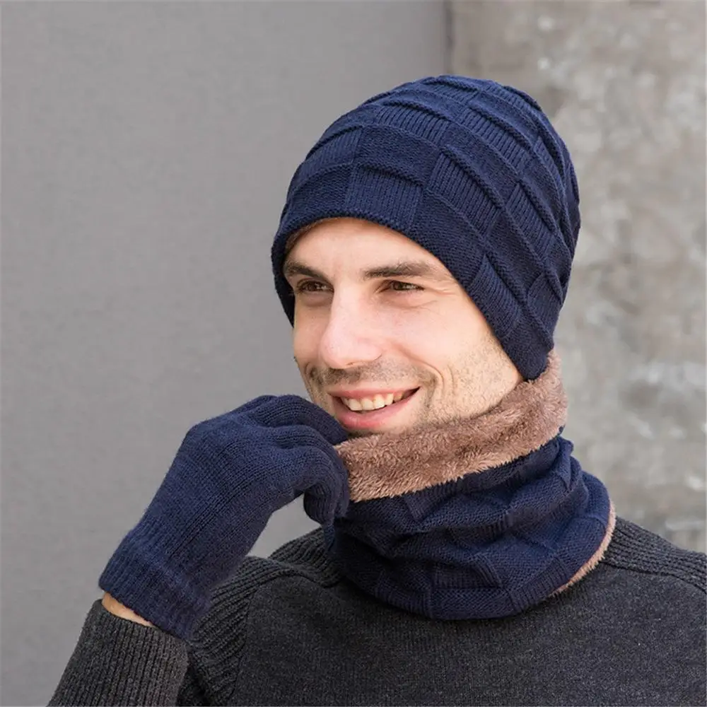Тёмно-синий Beanies, зимняя шапка, мужская шапка, зимняя шапка, шапка с воротником, набор, плюс бархат, толстая вязаная шапка и глушитель, перчатки, шапка бини, Muts#2O21 - Цвет: Тёмно-синий