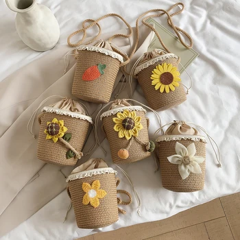 

Creative Design Flower Straw Crossbody Bag Classic Texture Chic Women Woven Knit Bucket Drawstring Shoulder Pouch