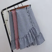 Весенние корейские асимметричные Длинные Юбки Русалки с рюшами, однобортные клетчатые трапециевидные летние хлопковые юбки средней длины