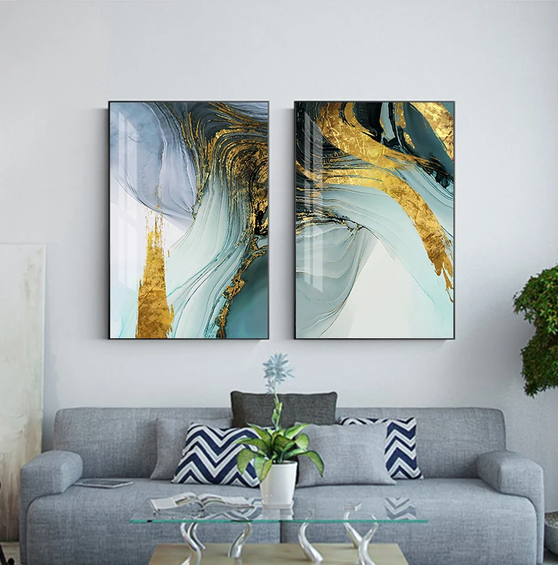 Современный абстрактный зеленый золотой фольги Холст Искусство Мода синий плакат и печать Настенная картина для гостиной стильный Cuadro Decorativo