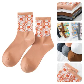 

Korean Style Women Spring Daisy Floral Patchwork Long Ankle Socks Transaprent Glass Fiber Mesh Ultra-Thin Jacquard Mid Tube Hosi